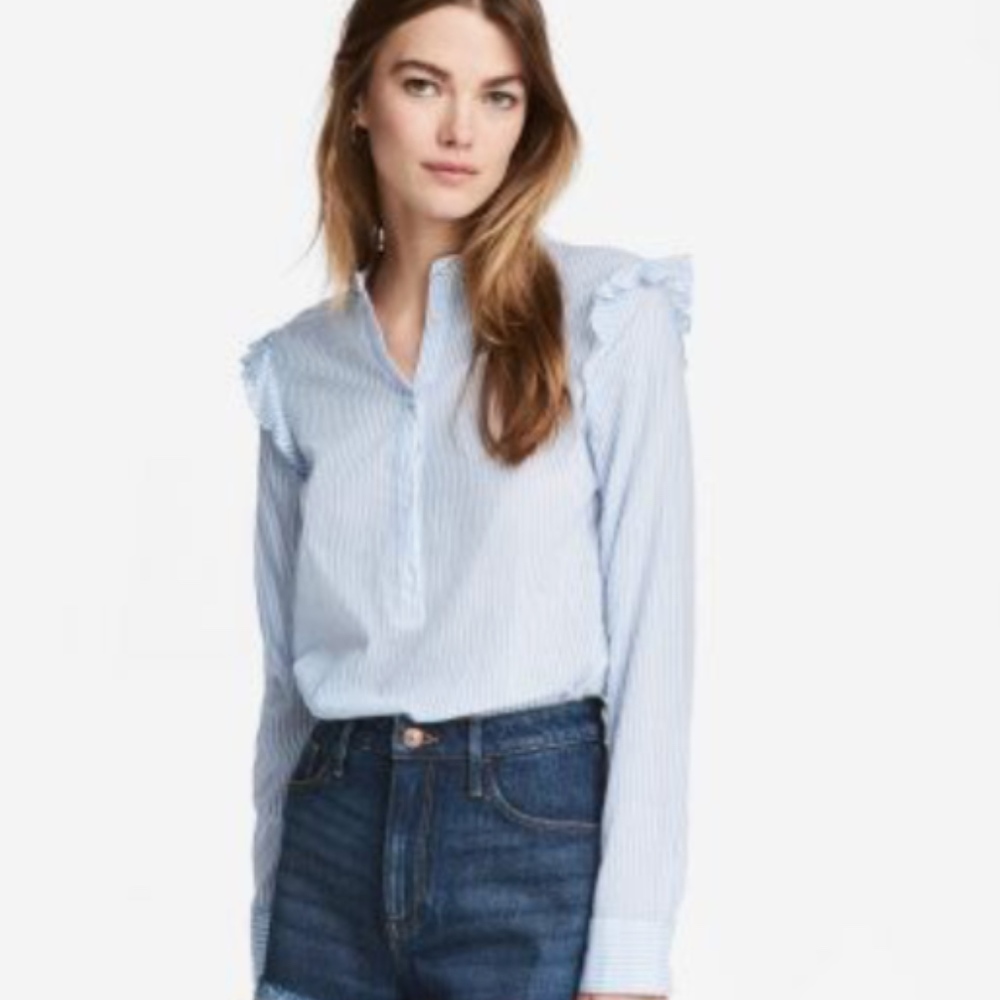 Striped Blue & White Button H&M Shirt Ruffles Med